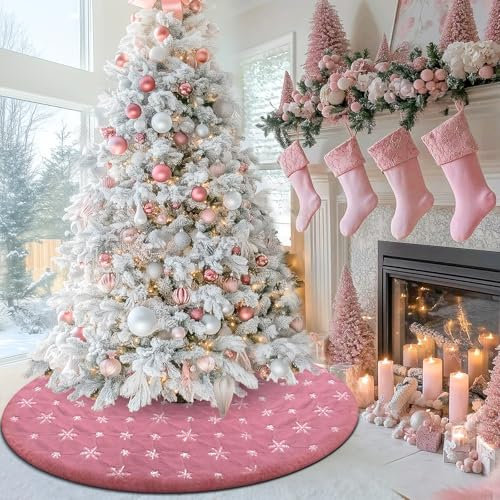 yuboo Falda de árbol de Navidad rosa pastel con copos de nieve plateados, alfombra de árbol de caramelo de piel de Halloween de 48 pulgadas para decoración de Halloween de 6 a 7.5 pies, color rosa