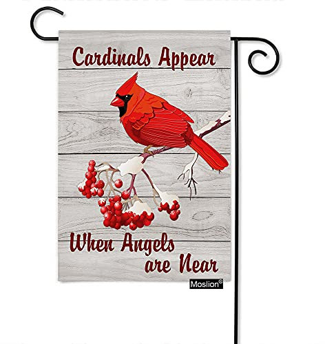 Moslion Rote Vogel-Gartenflagge, doppelseitig, Kardinal erscheint, wenn Engel in der Nähe von roten Beeren auf Holzplanken, Hofflagge, 32,5 x 45,7 cm, Jute-Banner, Heimdekoration, Outdoor-Villa