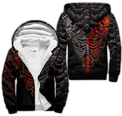 Reaper Skull Zip Hoodie 3D Imprimé Hiver Faux Cachemire Épais Chaud Veste Hommes Nouveauté Manteau,Skeleton,M