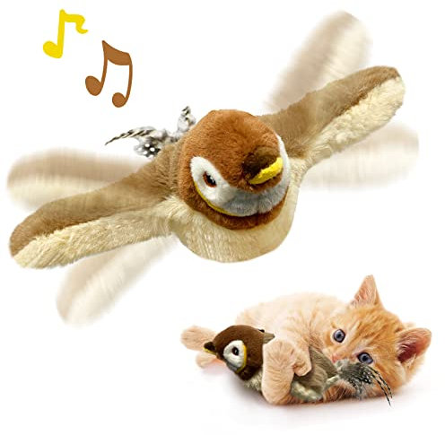 KreizyGo Cat Toys, Flapping Wings Sparrow, No Flying, Chirping Bird Toy, Touch Activated, Rechargeable