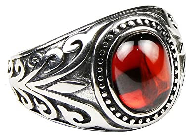 S925 Silber Roter Granat Damon Salvatore Herz TVD Ring für Männer oder Frauen ~ Blätter graviert, Edelstein Feiner Schmuck,