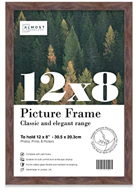 Almost Frameless 12x8 Walnut Picture Frame 12x8(30.5x20.3cm) Poster, Photo, Artwork, or Print. Thin Edge Slim Frame Portrait and Landscape Display with Wall Hooks
