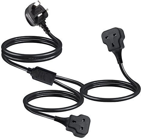 2 Way Gang Extension Lead 1M, KC CABLE Double Socket UK Mains Power Extension cords 13A UK 3Pin Fused Plug male to female Y splitter Power Strip,Extension for Travel, Home, Office, Black…