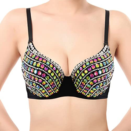 Angxiwan Comfortable Bras for Women UK Belly Dance Bra Nightclub Bra DS Performance Costume Bra Nail Bead Bra Wireless Bras for Women Pack