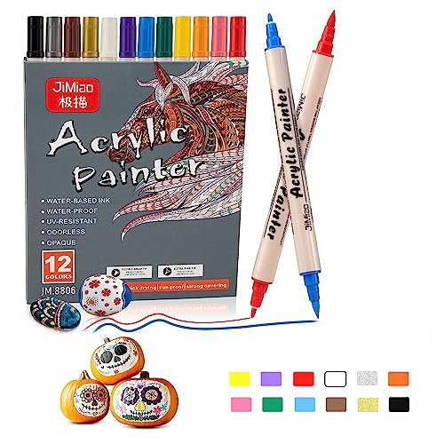 Acrylic Paint Pens 12 Colors,Brush and Fine Tips Acrylic Markers Kit for Rock Wood Glass Stone Pebble Ceramic Craft Painting,Water Based Paint Art Pens for Graffiti Kids Gift Easter Egg Pumpkin