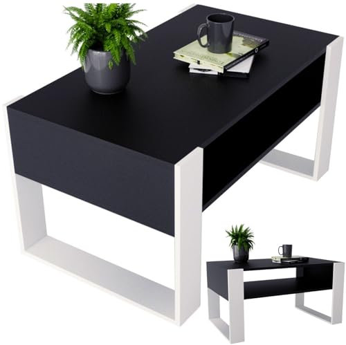 CraftPAK Wohnzimmer Tisch für Couch aus hochwertigem Holzwerkstoff, moderner Couchtisch mit zusätzlicher Ablagefläche, Sofatisch für Wohnzimmer, Farbe Schwarz-Weiß