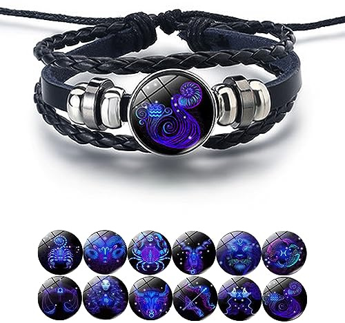 Zodiac Signs Spirit Bracelet, Handmade Woven Multilayer Adjustable 12 Constellation Zodiac PU Leather Bracelets Unisex, Glow in the Dark Zodiac Jewelry Gifts For Women Men
