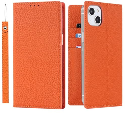 ELTEKER Hülle iPhone 13 Handyhülle [Echtes Leder] Klapphülle iPhone 13 mit Kartenfach,Schutzhülle Leder Hülle für iPhone 13-Orange