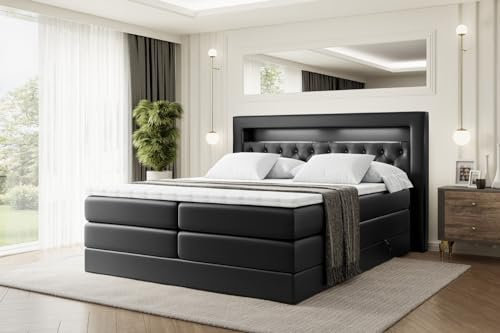 ALTDECOR Boxspringbett mit Matratze und Lattenrost, LED, Topper, Polsterbett mit Bettkasten, Bett mit Stauraum H3- und H4- Matratze, Doppelbett - Noel Gold King - 200x200 - Schwarz Kunstleder