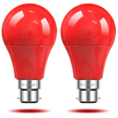 Bonlux Red Light Bulbs,A60 B22 Red Bulbs, 9W LED Light Bulb Bayonet Red PC Cover Red Light Effect B22 Coloured Bulbs,Non-Dimmable, for Christmas Holiday Halloween Party Decoration(Pack of 2)