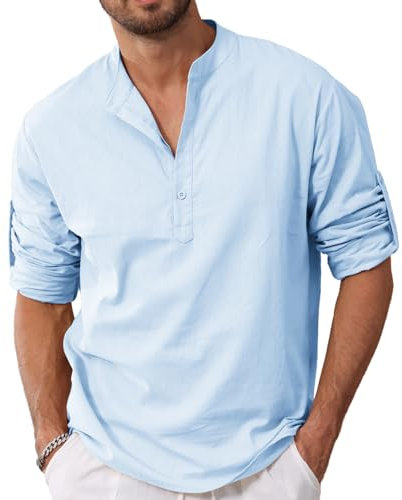 VANVENE Men's Cotton Linen T-Shirt Button Henley Shirt Long Sleeve Casual Beach T Shirt SkyBlue M