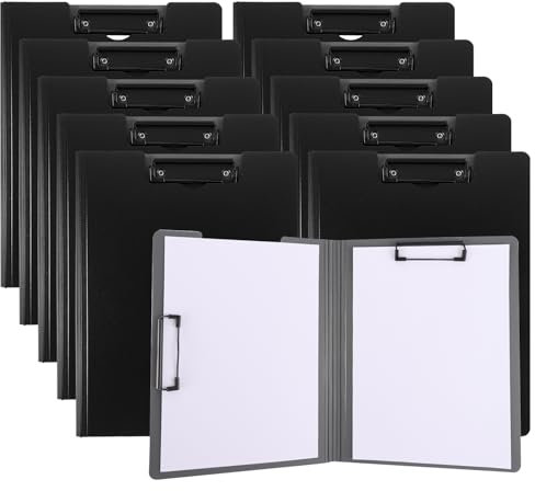 FWEEK 10 pièces Planche à pince A4 avec couvercle, Classeur noir en plastique Foldover Clip Boards, Planche à pince A4 pliable Planche à pince pour notes, documents et école, bureau