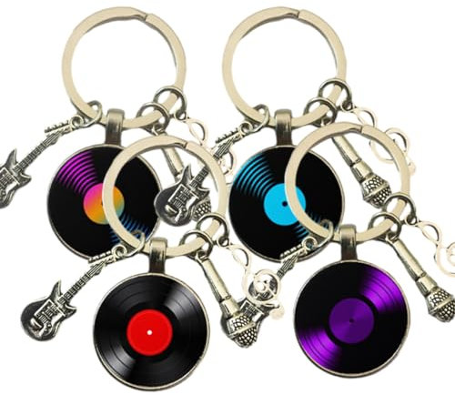 IFUDE Retro Vinyl Schallplatten-Spieler Schlüsselanhänger Personalisiert Gitarre Taschenanhänger 4 Teilig Set Musikliebhaber Geschenk CD Cabochon Schlüsselring