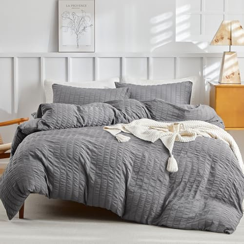 Tokokimo Seersucker Housse de Couette 240x220 cm, en Microfibre Douce avec Fermeture Éclair, 1 Parure de Lit 220x240cm + 2 Taies d'oreiller 65x65cm, Gris Foncé