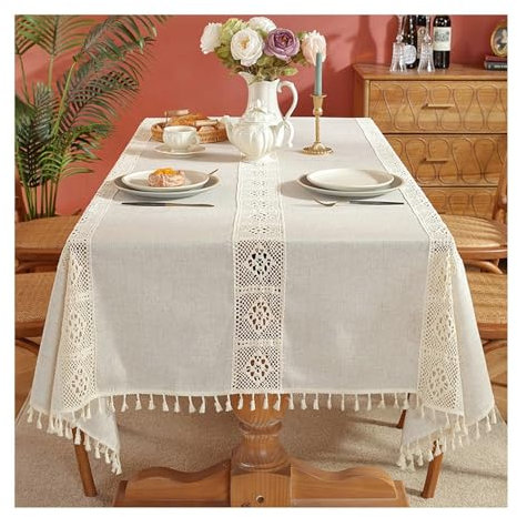 Tischdecken Quadrat, Tischdecken 140x300CM Polyester Tischdecke Abwaschbar Esszimmer Stricken Plaid mit Quasten Tischdecke für Couchtisch, Beige