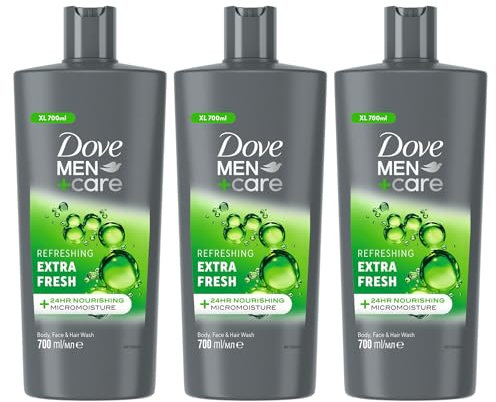 Dove Men+Care 3-in-1 Body, Face & Hair Wash Refreshing Extra Fresh Provides Hydration Enriched with Menthol Dermatologically Tested Body Wash for Men, 700ml Pack of 3