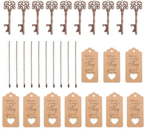 PATIKIL 10 Pcs Vintage Key Bottle Openers, 2.8 x 1.0 inch with Card Key Chains for Wedding Party Favors Rustic Decoration, Red Copper