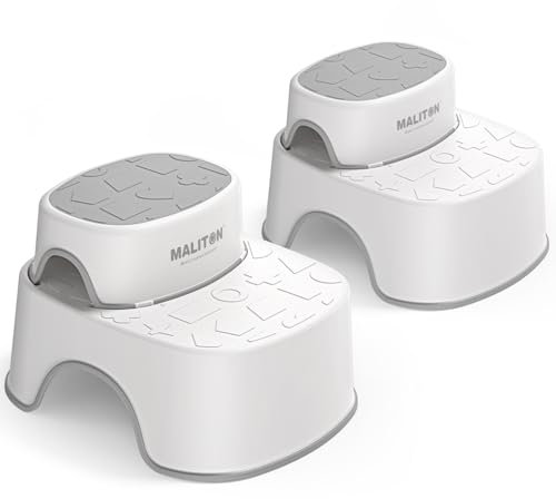 Maliton Confezione da 2 Sgabello Bambini Scaletta 2 Gradini,Robusto Sgabello a due livelli, per bagno, toilette, lavabo, stabile e leggero adatto a qualsiasi stanza, Bianco-grigio