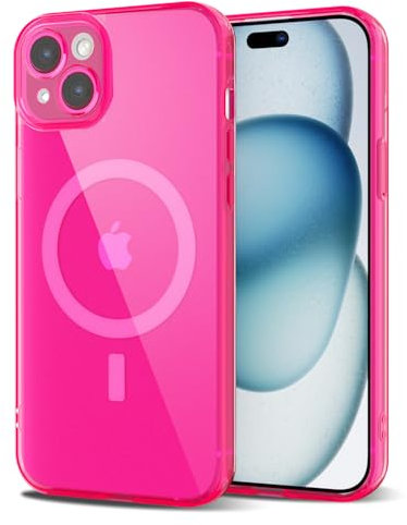 Svanove for iPhone 15 Plus Case Clear Compatible with Magsafe, Fluorescent Transparent Magnetic Magnet Mag Case, Slim Thin Bright Silicone Grip & Shockproof Bumper Camera Cover, Neon Hot Pink