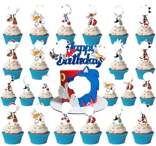 25 Stück Cartoon Cupcake Topper,Cake Topper Kinder,Geburtstag Kuchen Deko,Tortenaufsatz Blau Glitzernd,für Kinder Geburtstag Kuchendekoration(B)