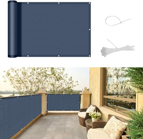 SUNNY GUARD Brise Vue Balcon 90x500cm Cache Vue Balcon,Protection UV,Coupe-Vent et Imperméable,pour Terrasse Jardin Balcon Patio,avec Attaches de câble,Bleu Foncé Anthracite