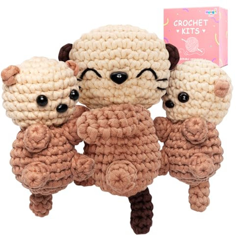 Mewaii Häkelset für Anfänger, Stufe 1, mit 40 % extra umweltfreundlichem, vorgestartetem einfachen Garn, Schritt-für-Schritt-Video-Tutorials für Erwachsene und Kinder (3 Stück, Sea Otter-Familie)
