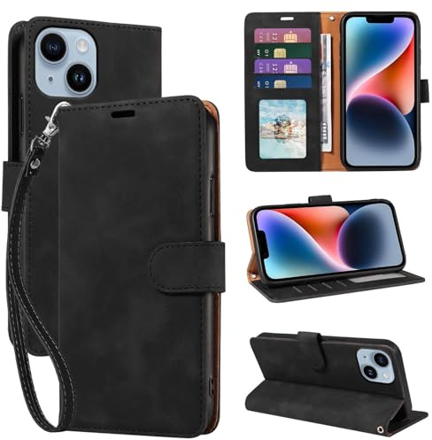 GOTOURED Handyhülle für iPhone 14 Hülle Klapphüllen, [RFID -Blockierung] [Handgelenksgurt] [Ständer] Stoßfest Premium PU Leder Magnetisch Flip Case Cover für iPhone 14 (Schwarz)