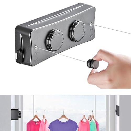 JINYOMFLY Corde à Linge Rétractable pour Balcon, 2 x 5.1M Acier Inoxydable Fil a Linge Extérieur Retractable, Etendoir Linge Exterieur Retractable, Corde à Linge Murale Intérieur (Gris 1)