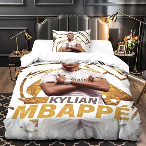 ZZBNECAKE Mbappe Bettwäschegarnitur 3D Gedruckter Fußball Bettbezug Set Für Kinder Mädchen Jungen Und Kissenbezüge Bettwäsche Reissverschluss Weich Microfaser 2 Teilig Single（135x200cm）