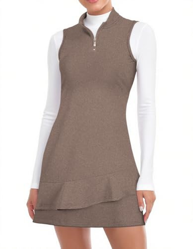 Viracy Tennis Dress for Women Sleeveless Golf Dresses with Shorts and Pockets Ruffle Zip Up Stand Collar Golf Outfits, Thickening-Apricot, L