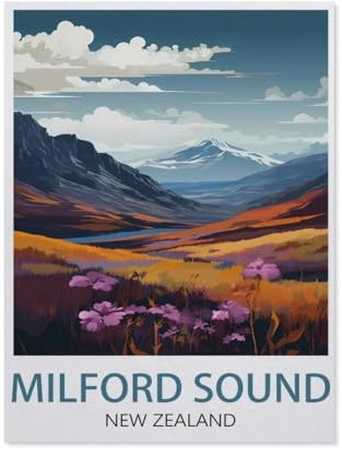 Papierpuzzle Puzzle 1000 Stück,Milford Sound New Zealand Vintage-Reiseposter,Lernspielzeug Für Erwachsene Geburtstagsgeschenk Dekoration(38x26cm)-AP56