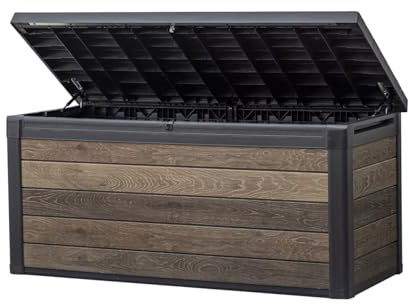 Keter Signature Collection 150 Gallon Resin Deck Box Organization and Storage Box for Patio Outdoor Cushions, Throw Pillows, Garden Tools and Pool Supplies, Walnut
