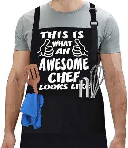 flintronic Delantales de Barbacoa para Hombre, Delantales de Cocina con Correa para el Cuello Ajustable, Impermeable Chef Delantal con 3 Bolsillos, Delantal de Trabajo Práctico para Cocina, Jardinero