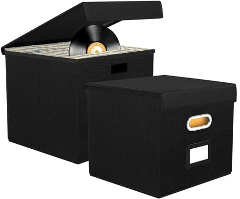 2 Pack 12-inch Vinyl Record Storage Box, Foldable & Stackable LP Storage Boxes Holds up to 90+ Single Records, CD Storage Case with Lid & Handles for Valuable Album , CDs, Passports, Files Collection