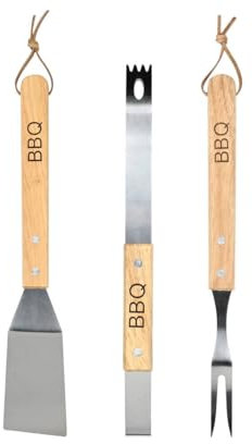 Lot de 3 ustensiles de barbecue en acier inoxydable – Pince à barbecue, spatule et fourchette à viande – Antirouille, passe au lave-vaisselle et ergonomique – Avec poignée et dragonne en bois – Idéal