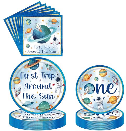 First Trip Around The Sun - 96 Pcs Outer Space Theme Dinner Plates Dessert Plates Napkins Party Paper Tableware Set Supplies for Boys Girls Kids Birthday Party Serves 24 Guests
