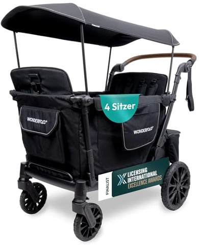 WONDERFOLD L4 Quad Kinderwagen | Stabiler 4-Sitzer mit 5-Punkt-Gurten, Seiteneingang, faltbares Design & UPF50+ Sonnenschutz | Bollerwagen mit Dach | Schwarz