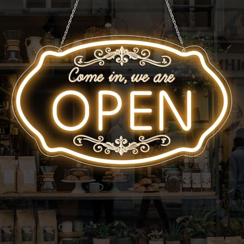 LED Open Signs for Business, 16.5''x10'' Dimmable Come in We’re Open Sign, Ultra Bright Light Up Signs Powered by 5V USB, Warm White Neon Lights Sign for Party, Bar, Stores, Wall, Clubs, Coffee, Hotel