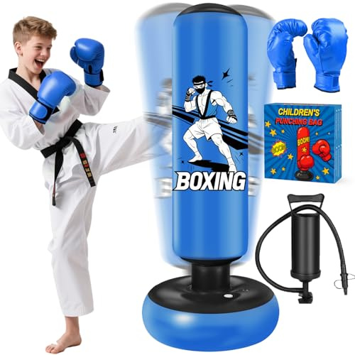 Boxningsväska för barn, 168 cm stabil boxningsväska med handskar och luftpump, fristående uppblåsbara boxningsväskor för pojkar flickor ålder 6-18 år för att träna karate, Taekwondo, MMA barngåvor