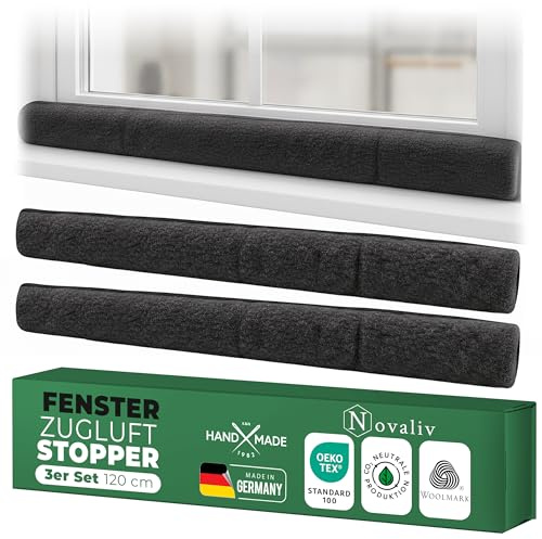 Zugluftstopper für Fenster 120cm Anthrazit Schurwolle – stoppt Zugluft & Kälte, dämpft Lärm/Staub/Licht, rutscharm, ohne Bohren; für Fensterbank/Rahmen, Spalt abdichten, Innenbereich, 3er-Set