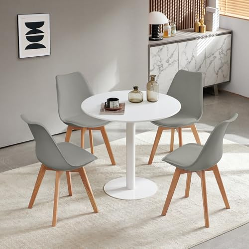 LafeuR Runder Esstisch mit 4 Grau Stühlen Essgruppen, 4er Set Esszimmerstühle mit 80cm Weiß küchentisch,Tischgruppe Sitzgruppe für Balkon, Küche, Wohnzimmer
