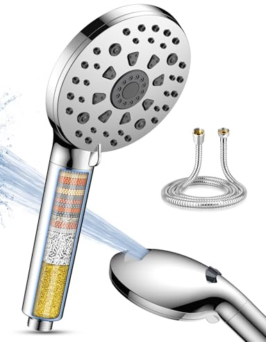 PWERAN Duschkopf mit Filter, 3+1 Strahlarten, Ein-Knopf-Wasserstopp (Silber-SL3, 7, Liter pro Minute)