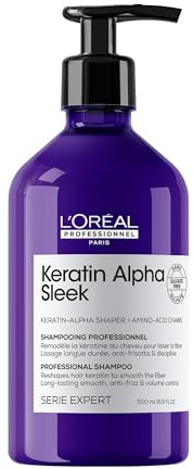 L'Oréal Professionnel, Keratin Alpha Sleek Shampoo, Reinigt und Beruhigt, Professionelle Anti-Frizz-Behandlung, Mit Keratin Sleeker und Aminosäuren, Für Farbiges und Flauschiges Haar, 500ml