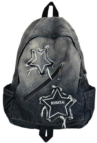 Joygoodta Zaino Grunge, Zaino Y2K Denim da viaggio leggero con borsa a stella in jeans retrò multitasche per studenti e adulti