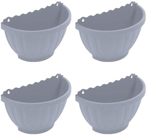 TRG (Set Of 4) - 3.75L Etruscan Soft Grey Wall Mounted Planters Half Moon Plant Pots 30.5x14.5x20cm Plastic Outdoor Indoor Flower Basket for Garden Balcony Railing Fence Shelf Kitchen Herb Planter.