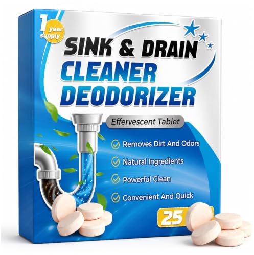 Smelly Drain Cleaner & Unblocker Tablets 25 Count, Long-Lasting Drain Odour Eliminator to Prevent Pipe Build-up, Suitable for Kitchen Bathroom Pipes, Sinks, Shower & Toilets, 1 Year Supply