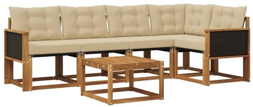 vidaXL Outdoor-Sofagarnitur mit Kissen 6 pcs Natur und Beige, Akazien Outdoor Sofa Set, modische Möbel für Terrasse, wetterfester Couch, entspannende Sitzgruppe im Garten