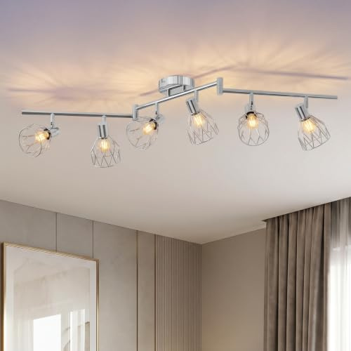 ANWIO Kitchen Lights Ceiling,6 Way Silver Lounge Industrial Wall Lights-Adjustable SpotLights Ceiling Lights Wire Cage with E14 Base, Light Fittings Ceilings for Kitchen Living Room(NO Bulbs)