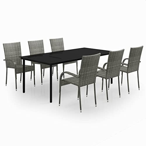 Teravane 7-teiliges Gartenmöbel Set Grau Schwarz mit pulverbeschichteten Stahlrahmen, wetterfestem PE-Rattan, großer Glastisch 200x100 cm und 6 komfortablen