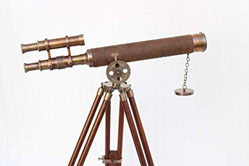 US HANDICRAFTS Vintage Nautical Antique Style Double Barrel Telescope In Brown Antique Pure Leather 18 Inch With Wooden Brown Tripod.